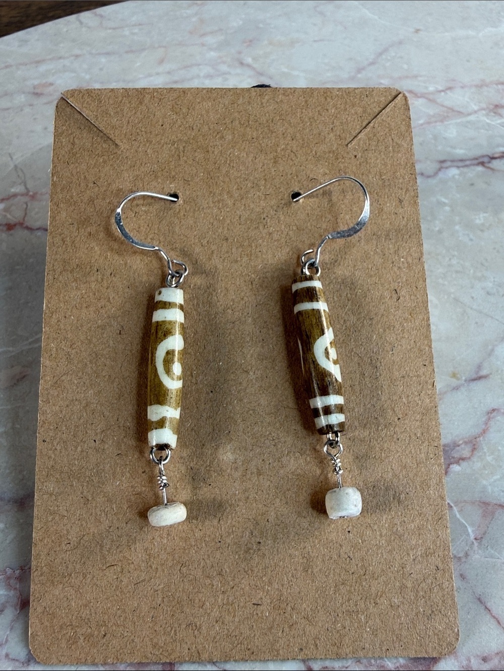 925 Navajo Indian Handcrafted Brown and Cream Tribal Dangle Earrings